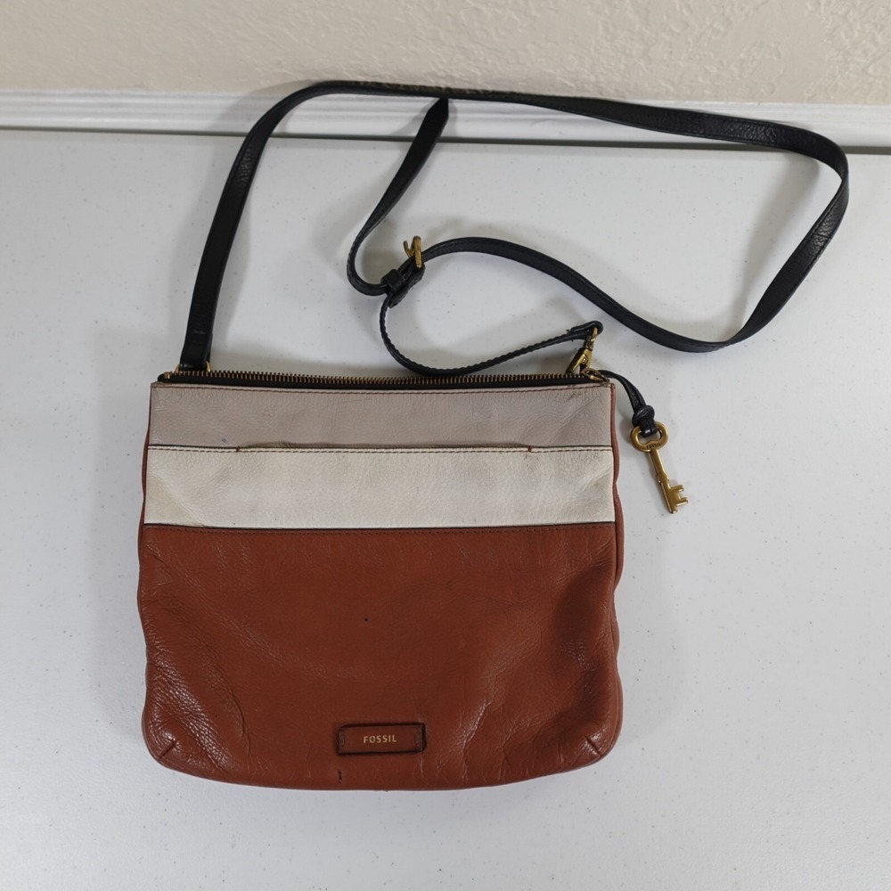 Fossil 2 Tone Colorblock Brown & Ivory Leather Crossbody Shoulder Bag Purse